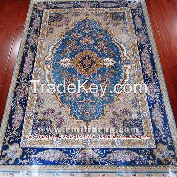 Persian Real Silk Rugs Oriental Hand Knotted Handmade Antique Traditional Carpets 6X9 Blue 400 Line Floral Isfahan Hereke Nain Design Chinese Factory Supplier