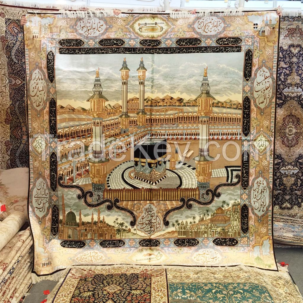 Mekka Islamic Islam Mosque Wall Hanging Tapestry Carpet Handmade Hand Knotted Prayer Silk Rug