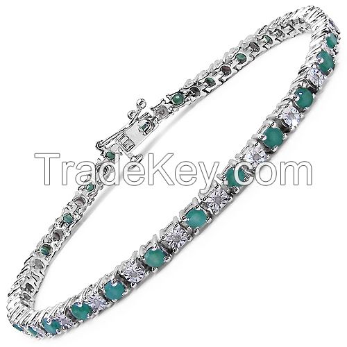 2.73CTW Genuine Emerald & White Diamond .925 Sterling Silver Bracelet