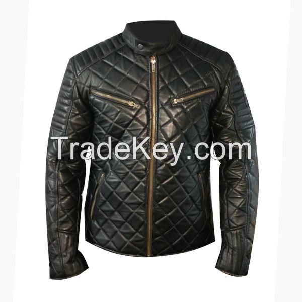 MEN BLACK MOTO QUILTED Sheep LEATHER BIKER JACKET ALL SIZES