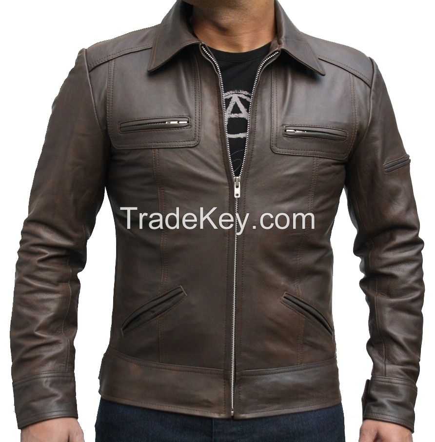 MEN' S VINTAGE STYLE ANTIQUE GENUINE LAMBSKIN/SHEEP BROWN LEATHER JACKET