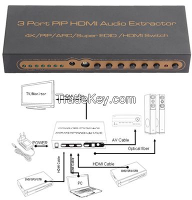 3 Port PIP HDMI Audio Extractor for 4K/PIP/ARC/Super EDID/HDMI Switch