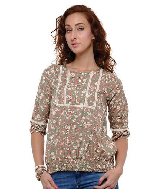Sell Floral Print Quarter Sleeve Peasant Blouse-Olive Green- VGS-283GR