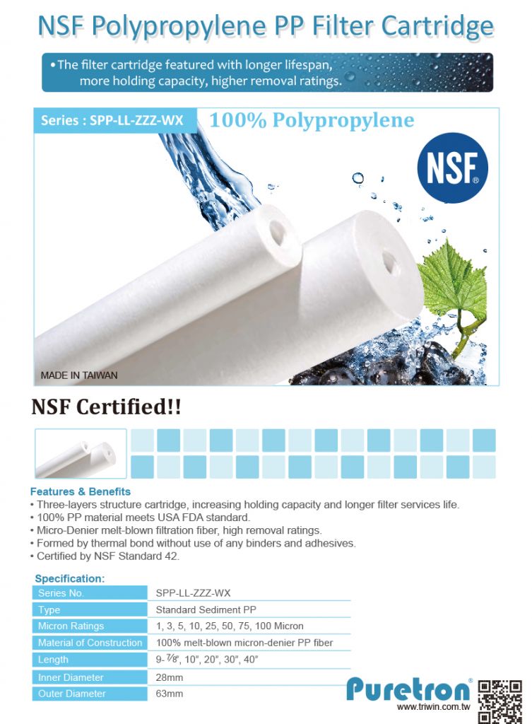 PURETRON 10 inch NSF Certified Polypropylene 5 micron NSF PP Filter Cartridge