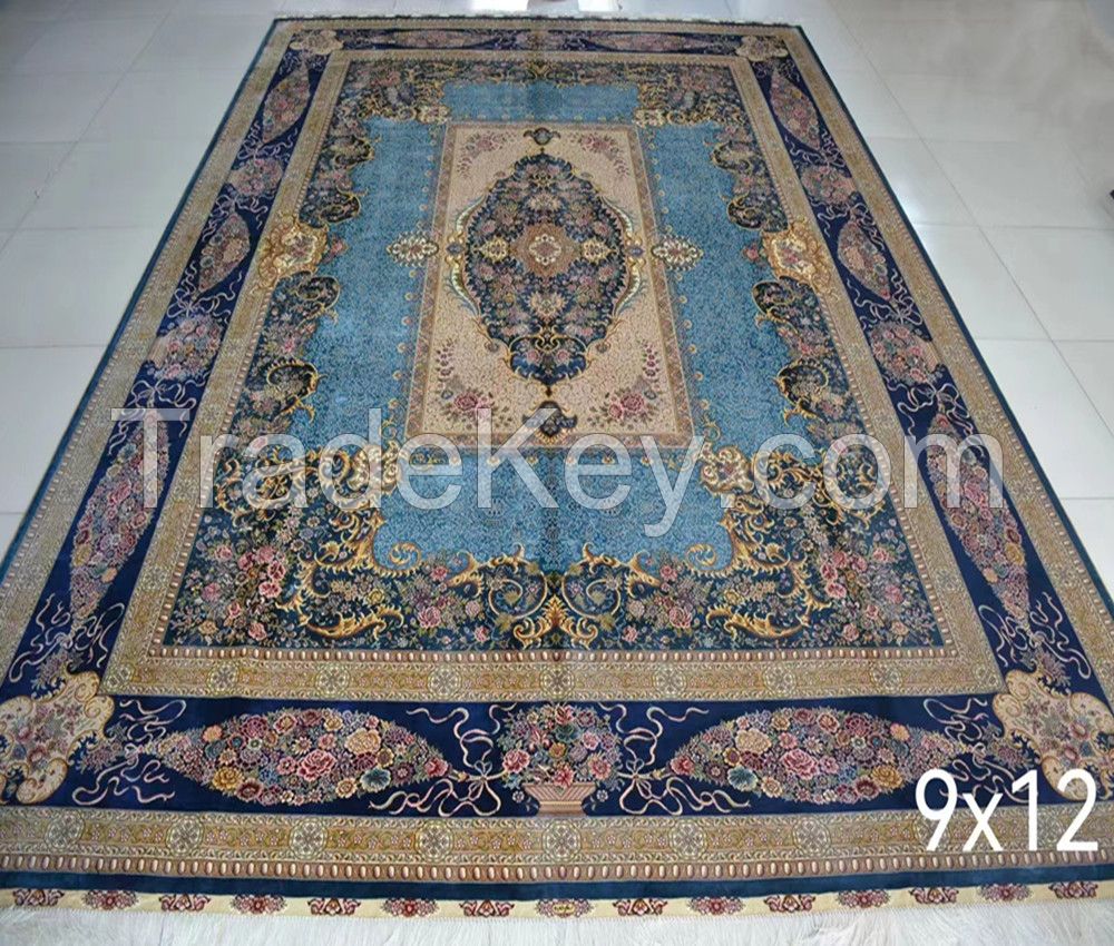 9X12 ft blue color european design handmade silk persian carpet