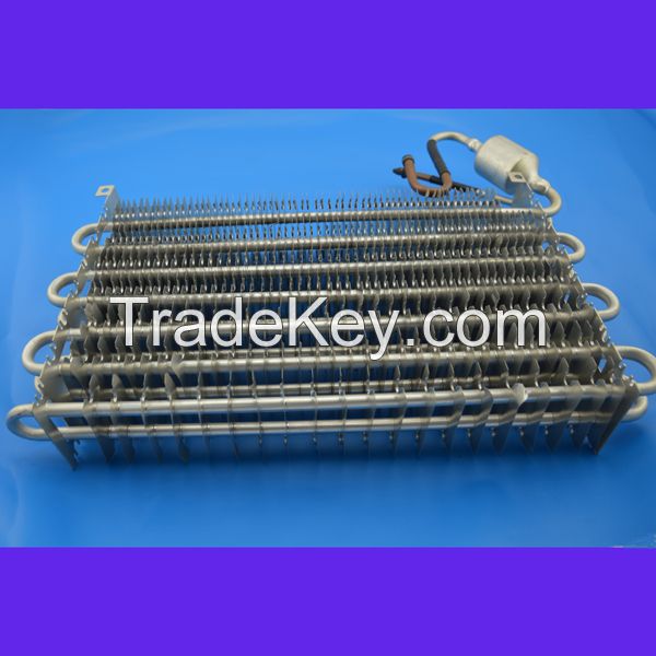 Tube fin type evaporator and condenser for refrigerator or freezer use