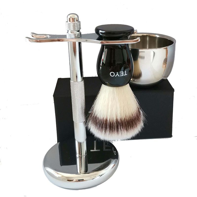 TEYO Original Synthetic Shaving Brush Set Include Double Layer Shaving Bowl Chrome Stand Resin Handle Brush