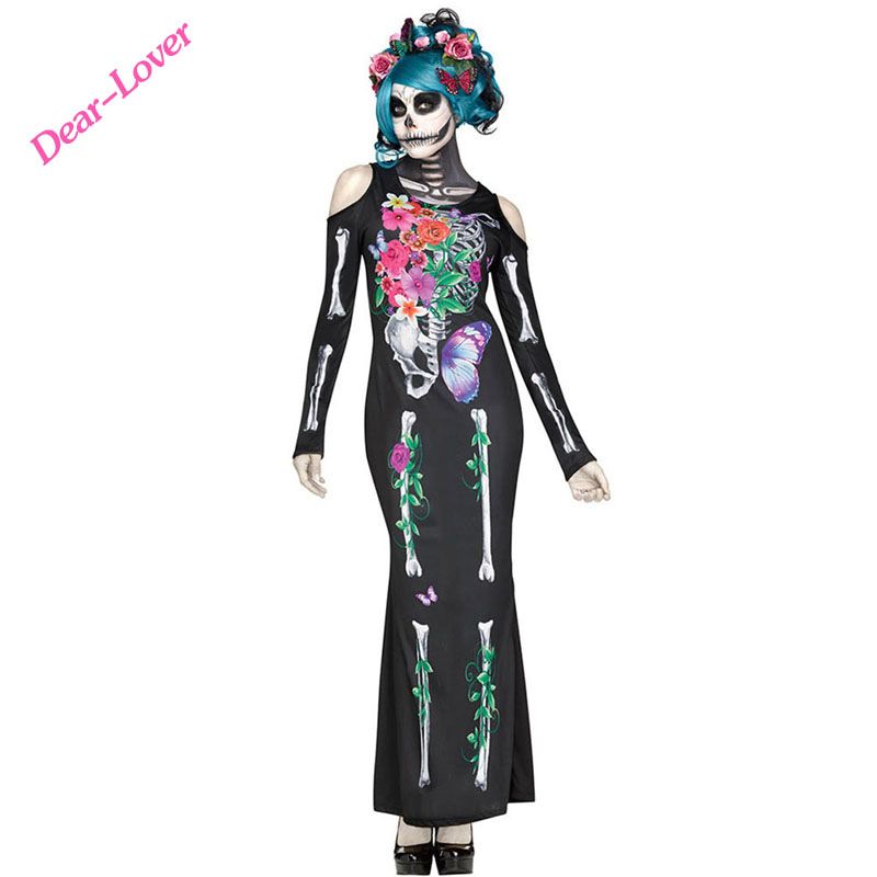 Stock Fashion Lady Halloween Cosplay Beautiful Skeleton Dress Costume