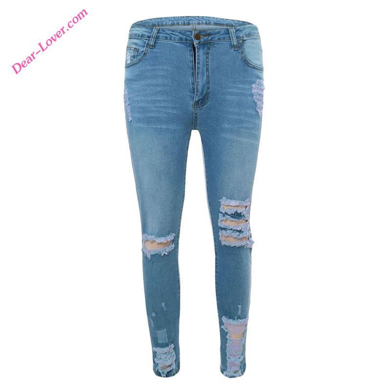 women clothing manufacturer Light Blue Destroyed Skinny Jeans for Women