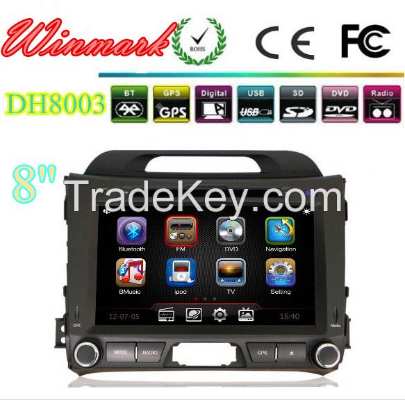 hot sale 8inch touch screen special car DVD player for KIA Sportage R with GPS IPOD BT SWC TV Radio 3G Functions DH8003