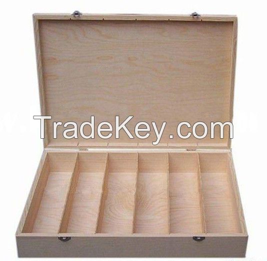 6 bottles wooden box, hinged & clasp, 6 dividers