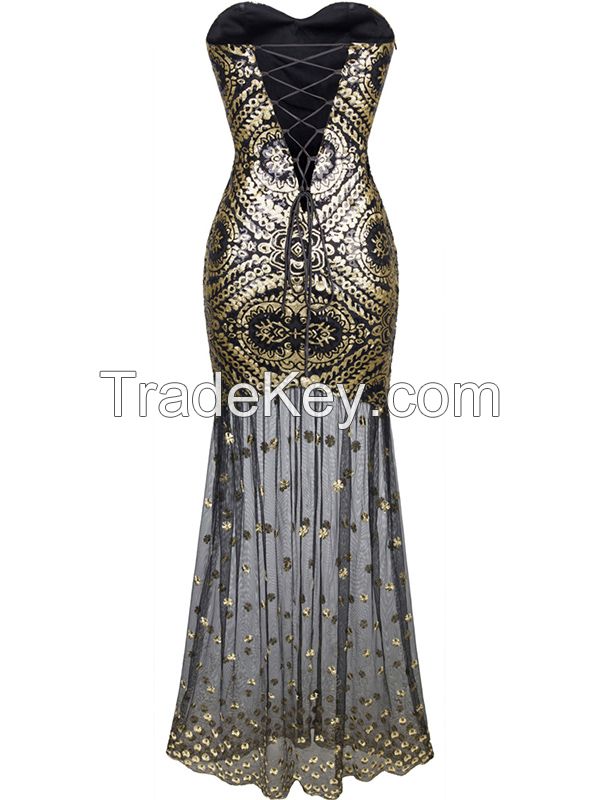 Sexy Fashion Strapless Off-Shoulder Embroidery Nationality Slim New Style Long Evening Dress