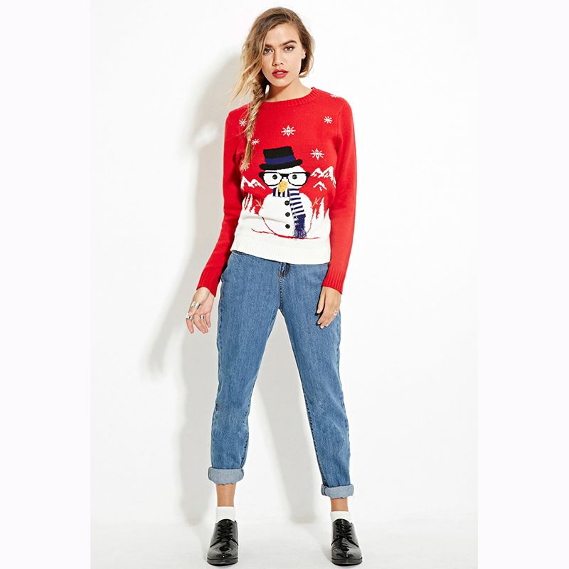 Autumn Winter Women Fashion Pullovers Female Patterned O-Neck Long Sleeve Red Sweater  WT32692
