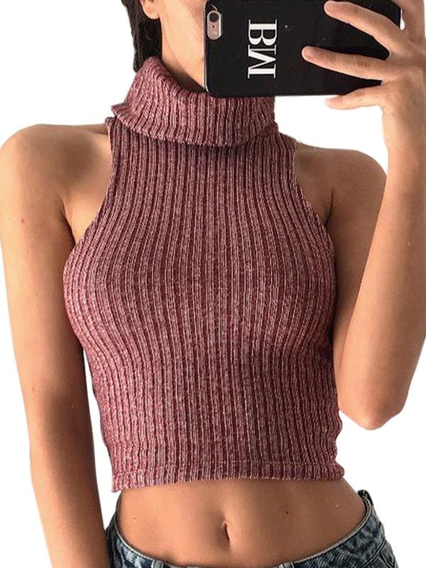 New Arrival Spring Women Fashion Sweaters Lady Solid Turn-Down Neck Sleeveless Pullover Sweater WT33130