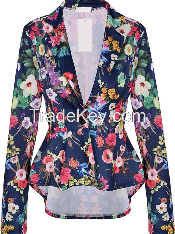 2017 Long Sleeve Autumn Spring Coat Jacket Women Floral Fitted Slim OL Floral Print Casual Coat Women Work Suit WT51955