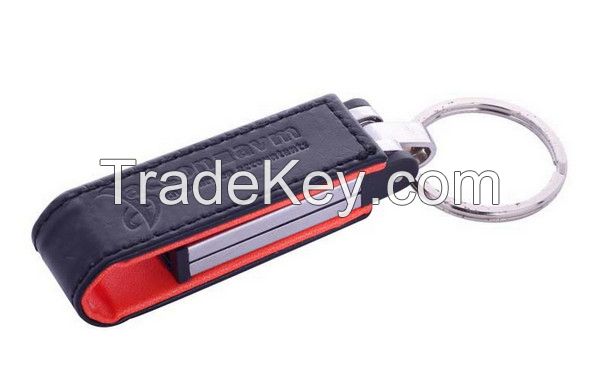 promotion gift embossed logo leather usb flash drive with key ring, keychain usb memory stick