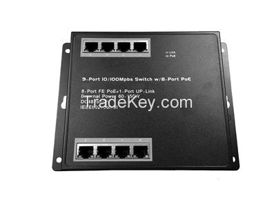9 Port FE Wall Mounted Switch with 8 PoE Ports, 802.3af/at
