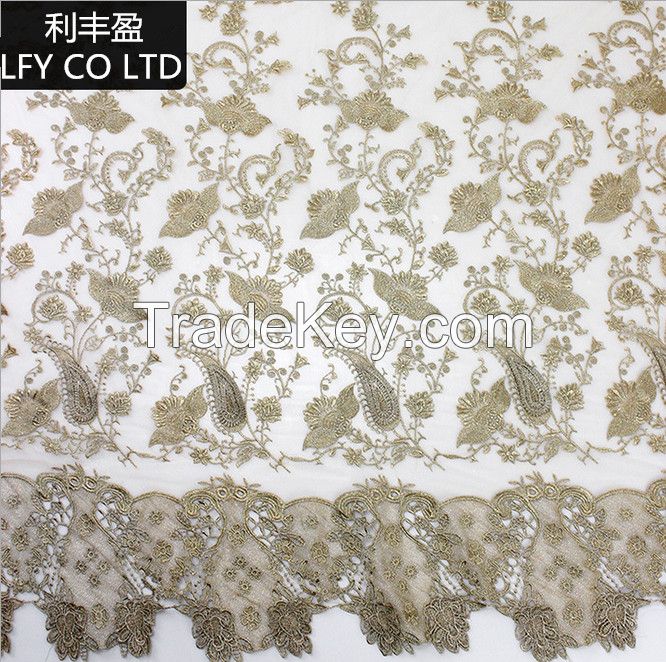 Ligh gold mesh Tulle embroidrered lace fabric High quality french lace