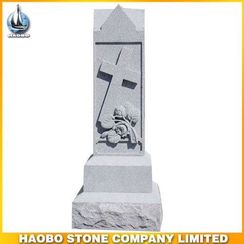 Sell Haobo Stone Grey Headstones Memorials With Hand Carved Flowers and Cross