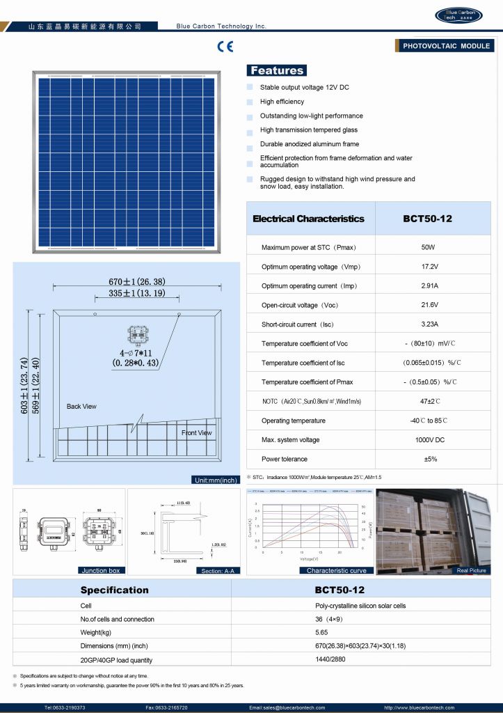 A Grade 12V 50W Poly Solar Panel