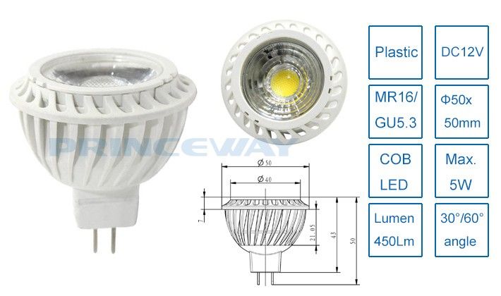COB 5W MR16 LED spotlight bulb 450Lm high lumens and hot sale for track lights