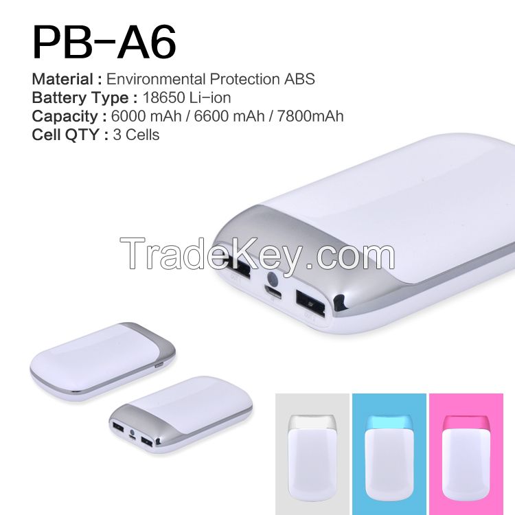 Portable power bank with dual USB ports, 7800mAh.