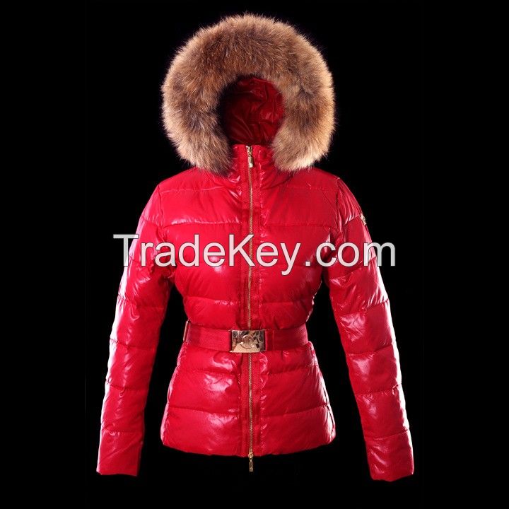 Mon-cler Down Fur Cap And Waistband Fashion Red Women Coats