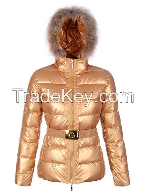 Mon-cler Down Gold Fur Cap And Waistband Slim Warm Women Coats