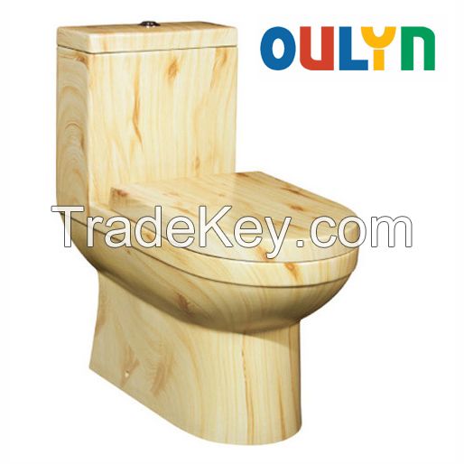 wood grain surface treatment ceramic  S trap one piece toilet