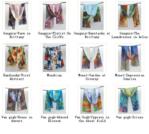 100% silk scarf, shawl, digital printing, famous oil paintings