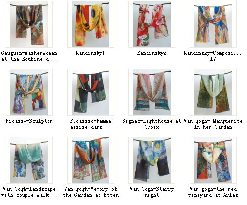 100% silk scarf, shawl, digital printing, famous oil paintings