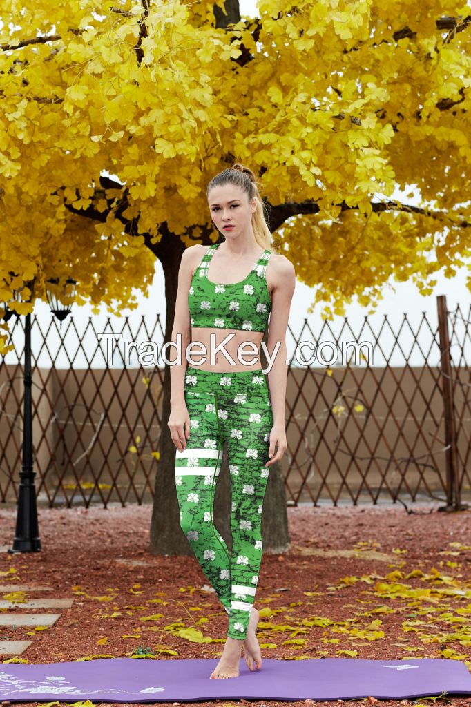 Fashion Green Leaves Flower Print Women Leggings Elastic High Waist Slim Fitness Workout Leggings