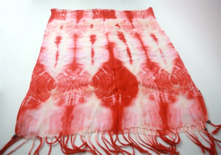 tie dyed viscose scarf with wood bead trimmed