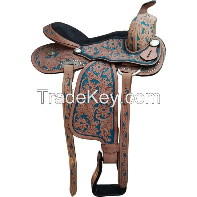 Genuine Leather western carving saddle with coloring , size 12, 13, 14, 15, 16, 17, 18