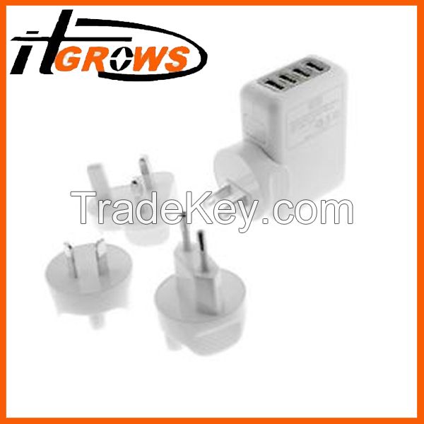 AC wall charger with 4 USB port and US/EU/UK/AU 4 changeable plugs.