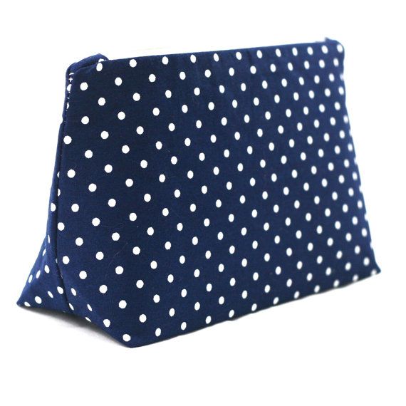 blue cotton cosmetic bag with white dots