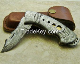Damascus Folding knife with pure Leather Sheath
