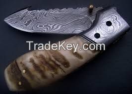 Damascus Folding Knife with Leather Sheath