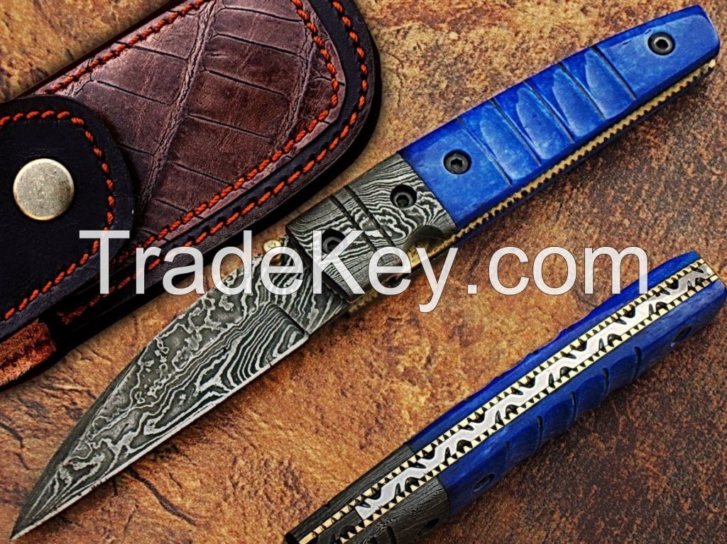 Damascus Folding knife with leather sheath