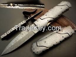 Damascus Folding Knife With Leather Sheath