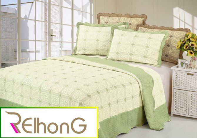 Green cotton stitching embroidery quilt set