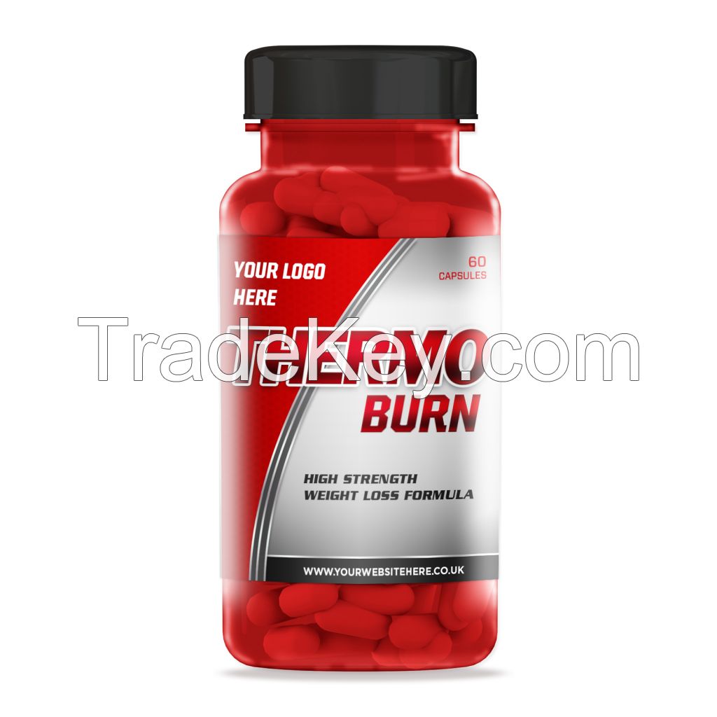 Thermo Burn Formula Dietary Supplement Capsules, Clear coloured bottle, Round bottle, Flat Coloured Bottle, Coloured Foil pack, Private labelled
