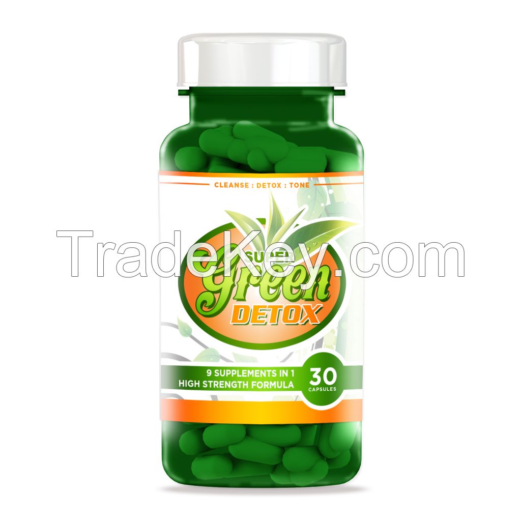 Green Detox Dietary Supplement Capsules, Clear coloured bottle, Round bottle, Flat Coloured Bottle, Coloured Foil pack, Private labelled