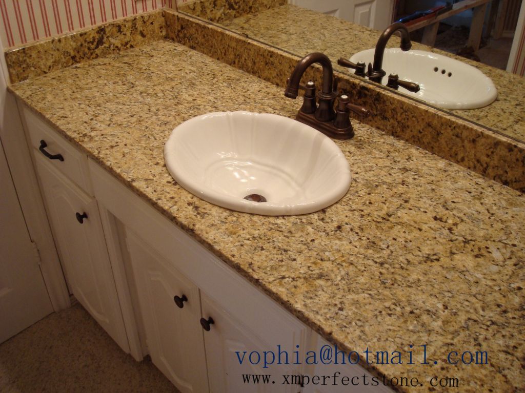 yellow granite vanity top with faucet and bowl made by chinese stone supplier