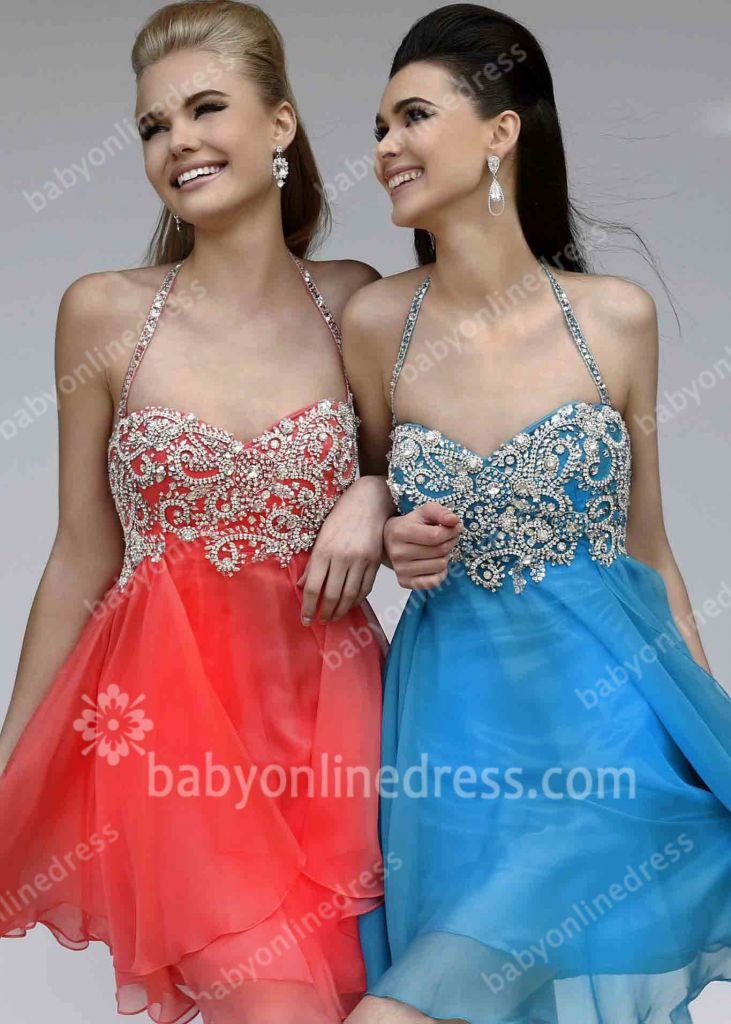 2014 Cocktail Dresses A-line Halter Empire Short Summer Beach Backless Sequins Beading Backless Homecoming Gowns SH 3878