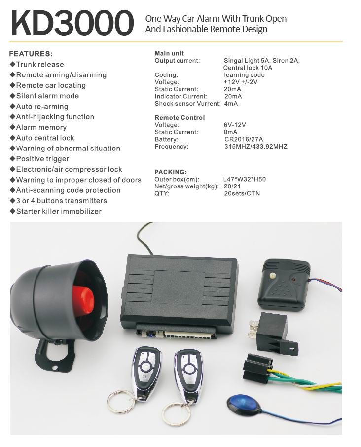One way car security alarm system with trunk release function KD3000-M36