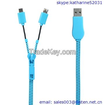 new fashion zipper usb 2 in 1 data and charger cable for mobile phone multi-functional