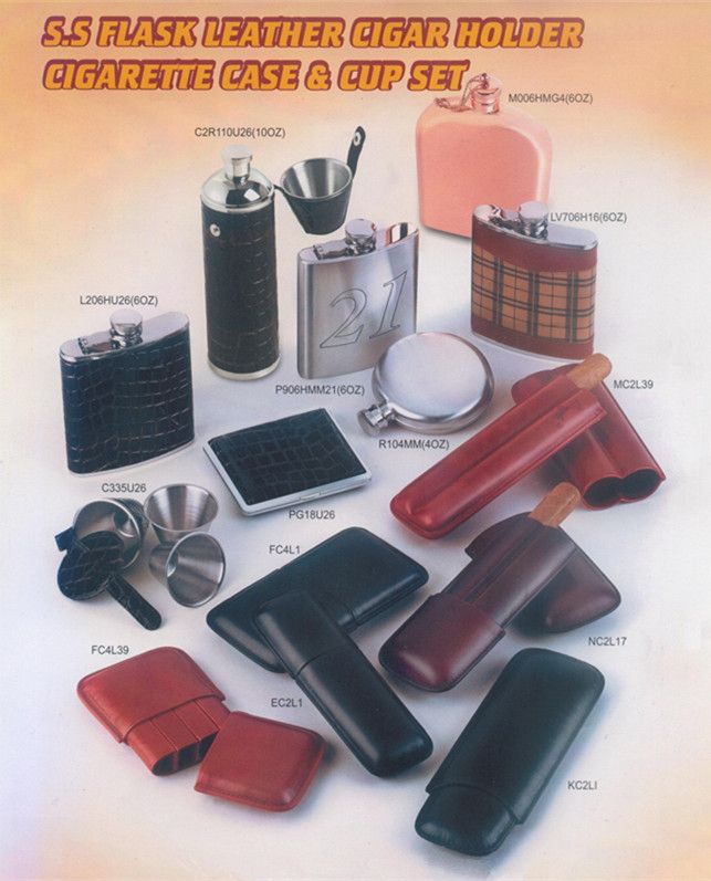 STAINLESS STEEL HIP FLASK, CIGAR HOLDER & CUPS