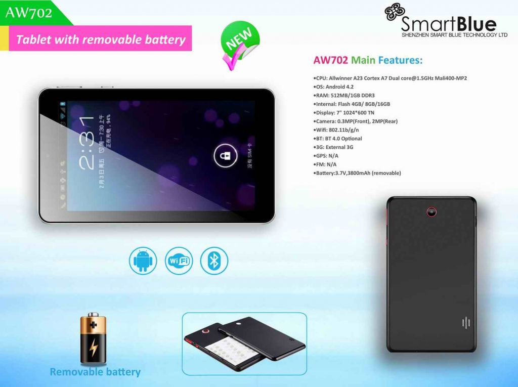 7inch android tablet PC with removable battery