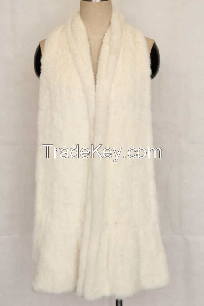 mink fur kintted white long scarf